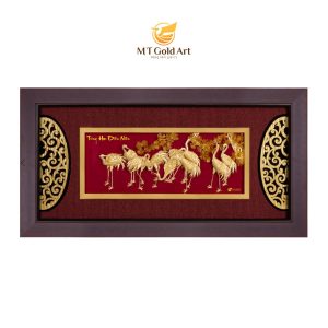 Tranh tùng hạc diên niên dát vàng lá 24k