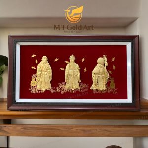 Tranh tam đa Phúc - Lộc - Thọ hoa mai dát vàng lá 24k