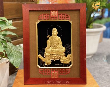 Tranh phật bà quan âm hoa sen dát vàng lá 24k