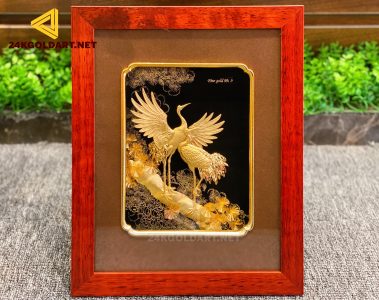 Tranh tùng hạc diên niên 27x34cm dát vàng 24k